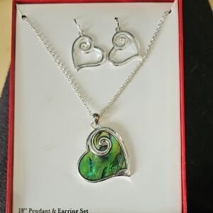 Silver and Green Heart Pendant & Earring Set